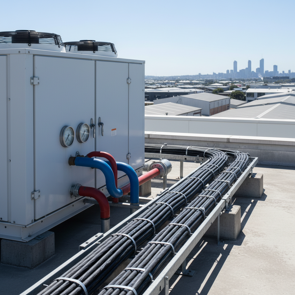 A detailed close-up of a large commercial chiller system and associated electrical connections on the rooftop of an industrial building in Auckland. The chiller’s white metal housing shows subtle texture, with visible access panels, gauges, and insulated refrigerant piping leading to cable trays and armored electrical cables secured along the roof. Behind, low industrial structures and a hint of city skyline sit softly out of focus. Bright midday sunlight casts crisp, defined shadows and creates specular highlights on metallic surfaces. Captured from a low, slightly angled perspective to emphasize scale and robustness, with sharp focus on the chiller and a mild background blur. The mood is technical and dependable, with photographic realism showcasing heavy-duty HVAC and electrical infrastructure without any people.