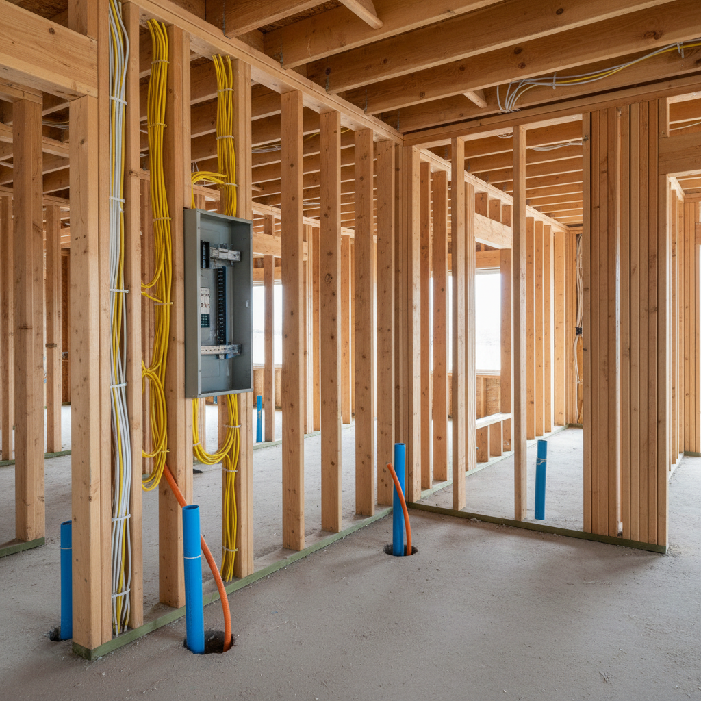 The interior of a partially finished new build home, highlighting professional electrical pre-wiring. Exposed timber framing lines the walls and ceiling, with neatly stapled yellow and white electrical cables running through drilled studs toward an open metal switchboard box. Blue and orange conduit sections emerge from the concrete floor where future outlets and data points will be. Soft, diffused daylight enters through unglazed window openings, creating gentle, natural shadows across the timber and wiring. Shot at eye level with a moderate wide angle, the composition follows the lines of the cables into the distance, giving a sense of organized progress. The atmosphere is clean, orderly, and in-progress, with photographic realism emphasizing careful planning and quality workmanship, and no people visible.