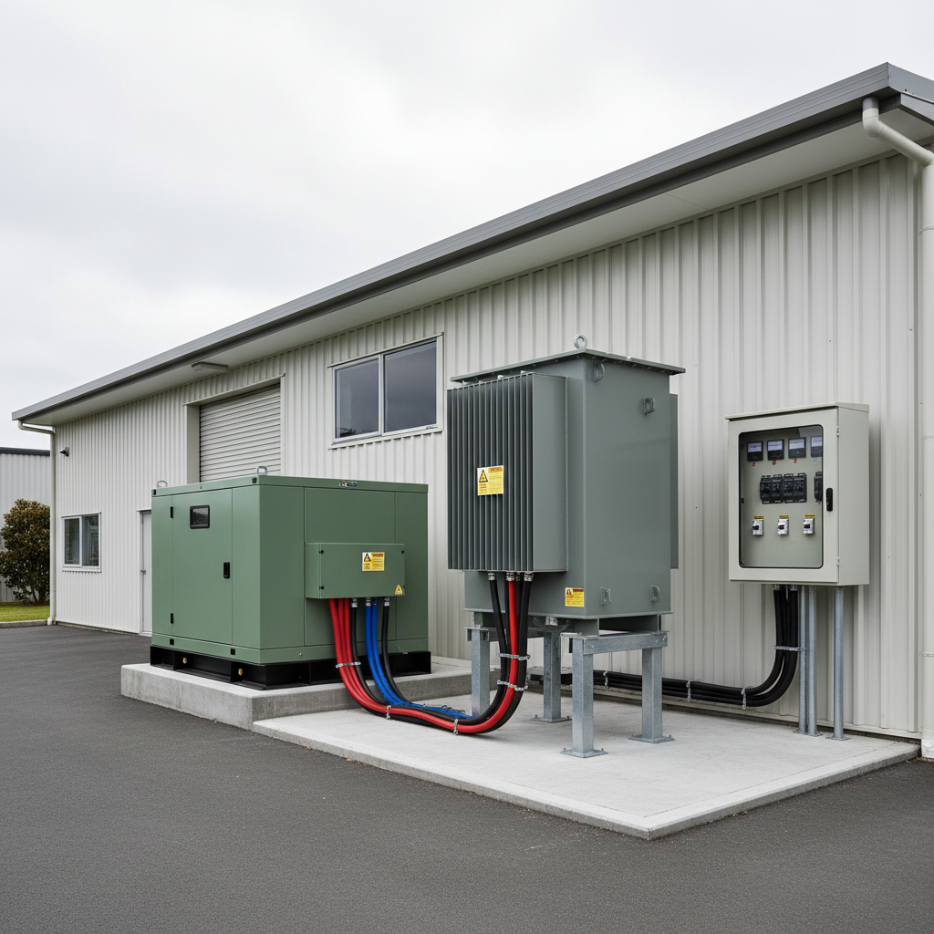 A robust backup power installation featuring a medium-sized standby generator and transformer setup beside a low industrial building in Auckland. The generator’s sound-attenuated enclosure, painted in a muted industrial green, sits on a concrete pad, with thick, color-coded armored cables running cleanly into a nearby grey transformer and then into a neatly arranged exterior switchboard. A clearly visible but non-legible safety placard adds to the sense of professionalism. Overcast daylight provides soft, even lighting, minimizing harsh shadows and ensuring all equipment details are visible. Photographed from a three-quarter angle at standing height, with sharp focus across the scene. The mood is secure and prepared, emphasizing reliability of backup power and expert high-capacity electrical work, rendered in realistic, professional photographic style with no people present.