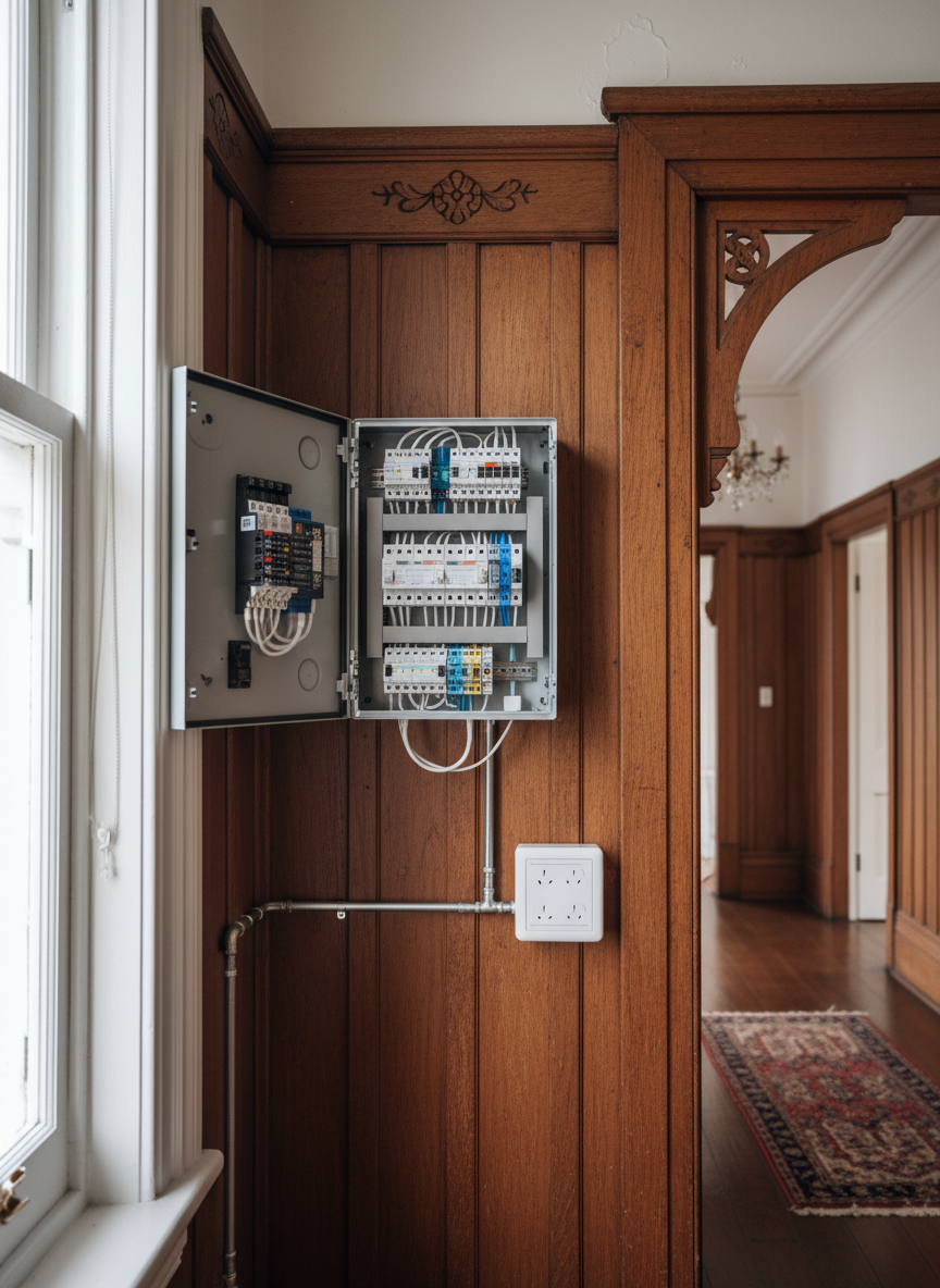 A detailed view of an older Auckland villa undergoing professional electrical maintenance, photographed in natural light. In the foreground, an open, recently upgraded switchboard with modern breakers and clean cabling contrasts with the home’s original timber paneling and ornate trim. Surface-mounted conduit runs neatly along the wall toward updated power outlets and a discreet heat pump control unit. Soft overcast daylight from a nearby sash window bathes the scene, creating gentle shadows that reveal the wood grain and subtle imperfections of the historic interior. Shot at eye level with a moderate depth of field, keeping the switchboard and nearby wall details in sharp focus while the rest of the hallway softly recedes. The atmosphere blends heritage charm with modern safety and comfort, in clear photographic realism, with no people visible.