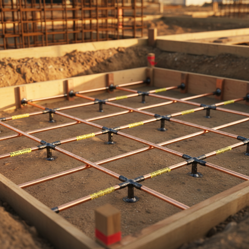 A precise close-up of an electrical earth grid installation in a shallow trench on a construction site. Copper earth bars and braided copper conductors form a geometric grid pattern on compacted soil, with exothermic weld points clearly visible and protective markings along the conductors. The surrounding ground shows tidy edges and measuring stakes, with a hint of rebar and foundation formwork blurred in the background. Soft late-afternoon sunlight grazes across the copper, creating warm highlights and gentle shadows that emphasize texture and craftsmanship. Shot from a low, slightly diagonal angle with sharp focus on the grid and mild background bokeh. The mood is technical and meticulous, in clean photographic realism, showcasing hidden but essential safety work in professional electrical installations, with no people in the frame.
