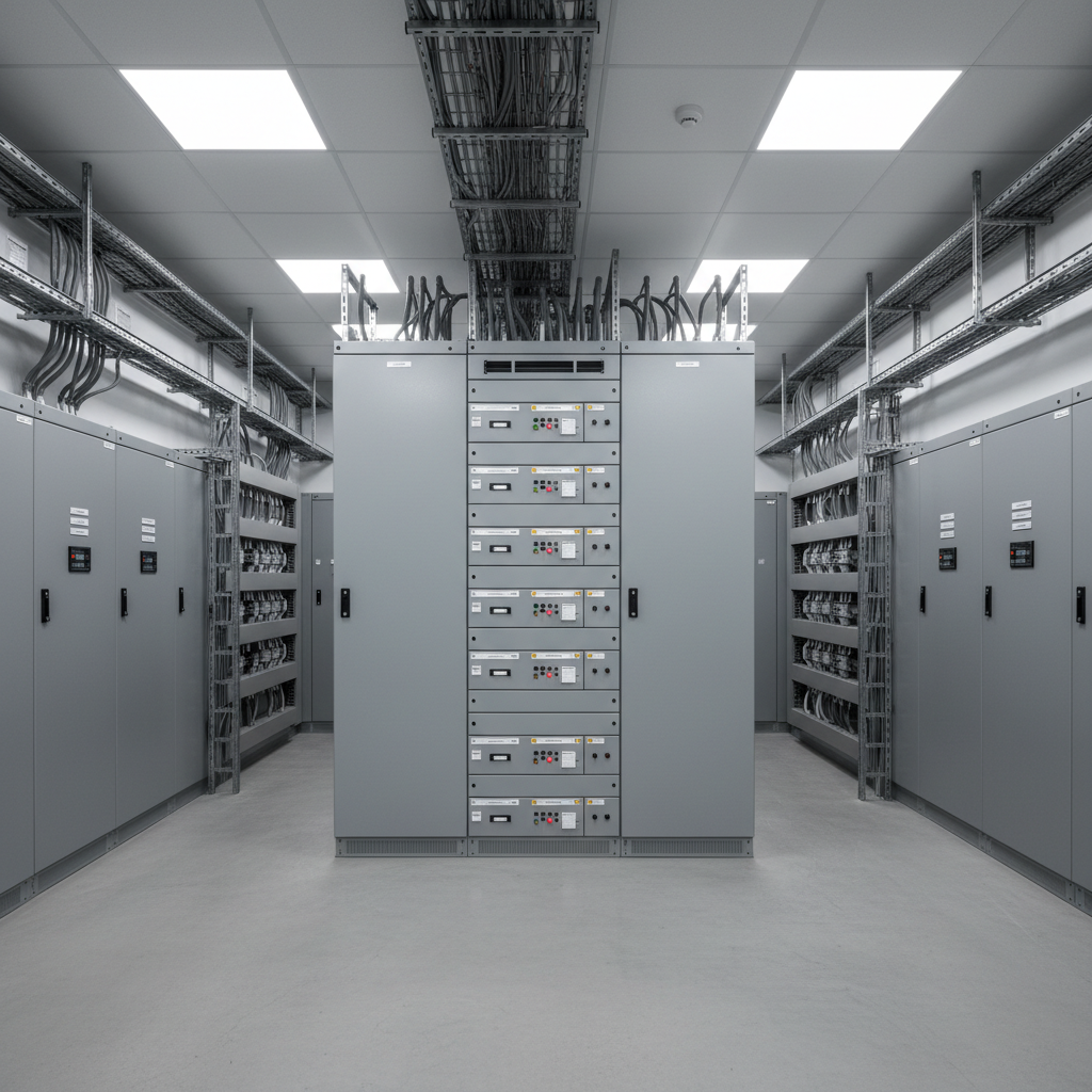 A modern electrical and HVAC control room in Auckland, photographed in crisp detail. In the foreground, a sleek grey metal switchboard with neatly labeled breakers and colored indicator lights dominates the frame, its surface clean and well-organized. Surrounding walls hold conduit and cable trays running in precise, parallel lines toward the ceiling. Cool, even LED overhead lighting creates soft reflections on the metal and casts gentle, organized shadows on the polished concrete floor. The atmosphere feels professional, reliable, and meticulously engineered. Shot at eye level with sharp focus throughout, using a balanced, symmetrical composition. The style is clean photographic realism, emphasizing order, safety, and technical expertise without showing any people or text labels clearly readable.