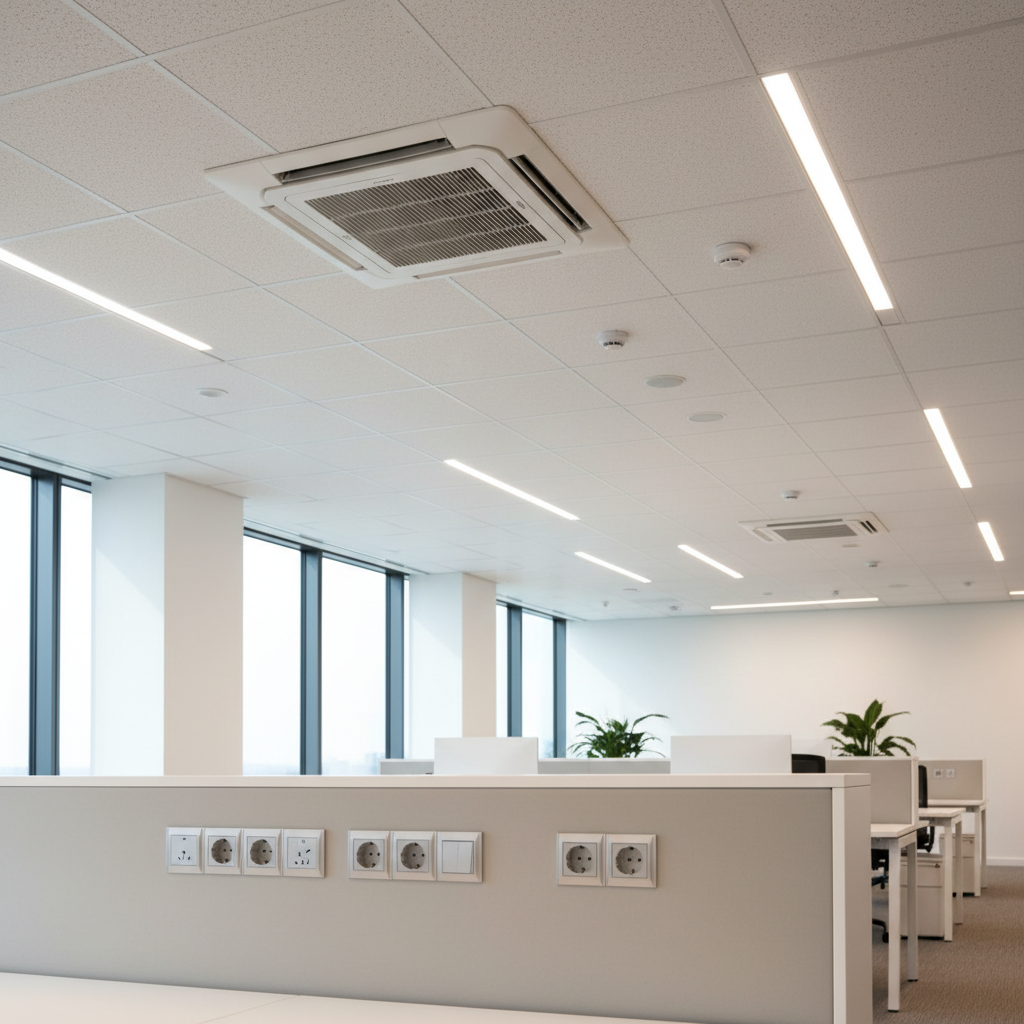 A bright, tidy interior of a serviced office space featuring ceiling-mounted cassette air conditioning units and integrated electrical services. Suspended acoustic ceiling tiles frame modern white cassettes with adjustable louvers, while linear LED lights and discreet smoke detectors are evenly spaced nearby. At the wall, a row of sleek double power outlets and data points is installed above a light grey skirting board. Large windows admit diffused daylight, softly illuminating neutral carpet and minimalist furnishings blurred in the background. Captured from a slightly low angle looking upward toward the ceiling, with a moderate depth of field that keeps the main equipment crisp. The mood is efficient and professional, rendered with photographic realism, conveying comfortable climate control and well-designed electrical distribution, without any people.