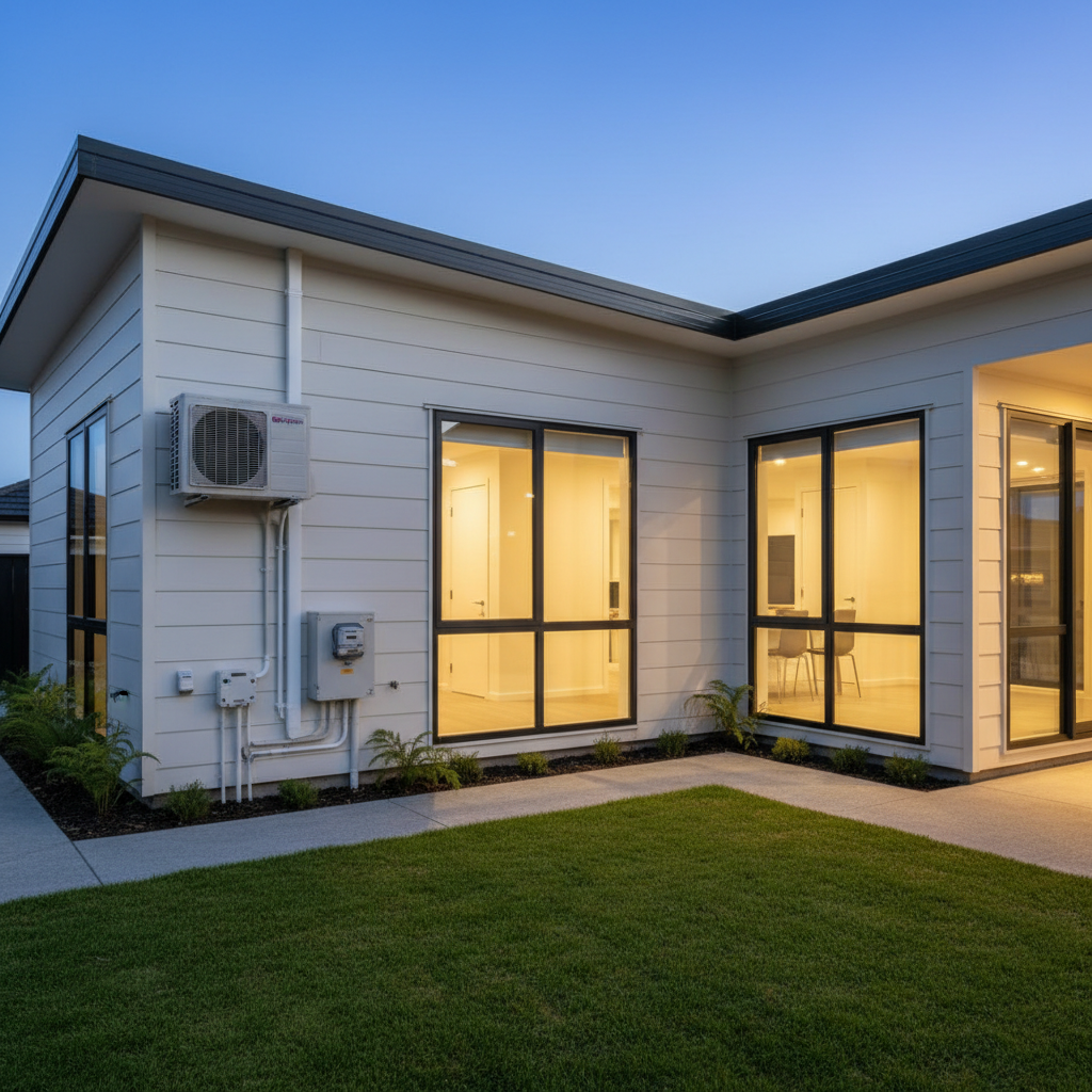 An exterior view of a contemporary Auckland home at dusk, showcasing professional electrical and HVAC installation. The house features light-colored cladding, large double-glazed windows, and a tidy side service area where an air conditioning heat pump unit and weatherproof electrical panel are mounted. Subtle warm light glows from the interior, while cool blue twilight surrounds the property. Discreet conduit, junction boxes, and a small outdoor sensor are visible, all neatly installed. The lawn and simple landscaping frame the scene. Photographed from a slightly elevated angle with a wide lens, everything in clear focus. The mood is calm, safe, and welcoming, with photographic realism and a clean, modern aesthetic highlighting quality residential electrical work, with no people present.